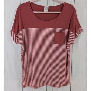 NAIF Size Large Red White Stripe Short Sleeve‎ Womens Casual Blouse Top